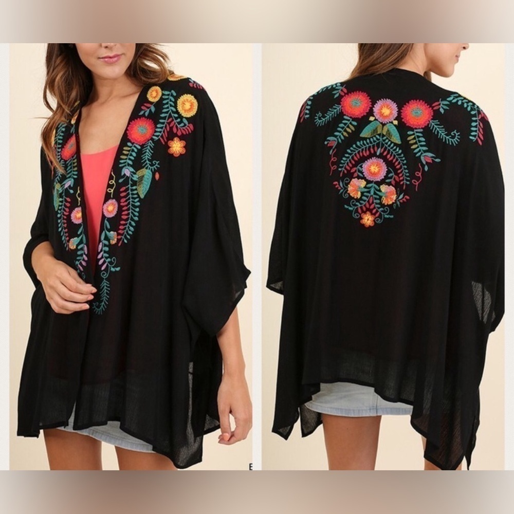 Umgee Black Open Front Colorful Embroidered Boho Lightweight Kimono Cardigan